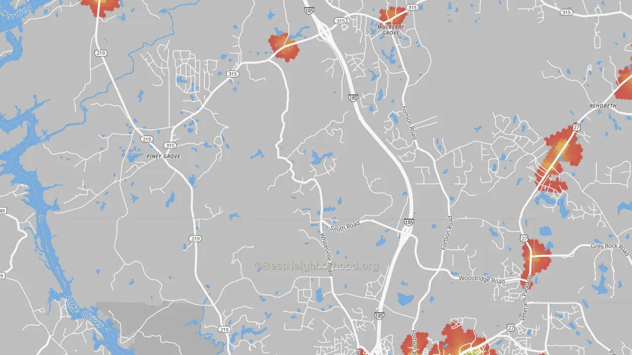 Walk Grade map of Fortson, GA, walkable areas in green and car-dependent areas in red