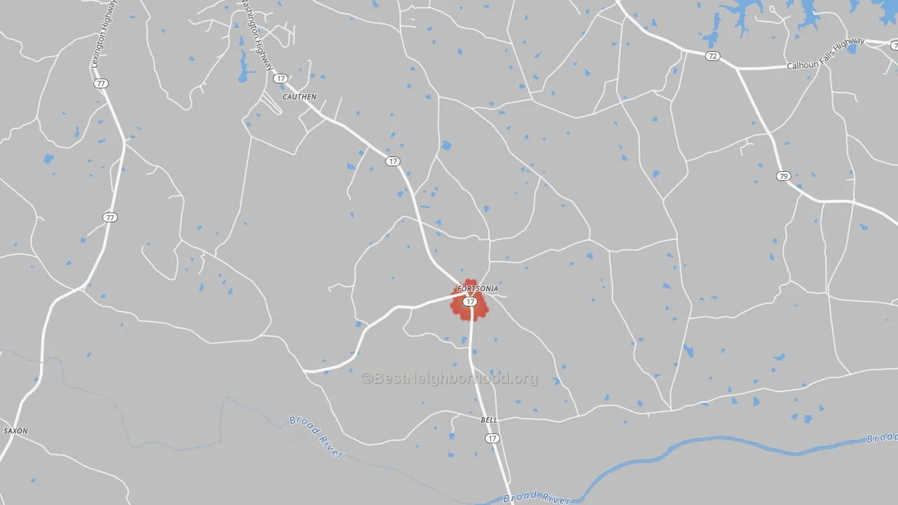 Walk Grade map of Fortsonia, GA, walkable areas in green and car-dependent areas in red