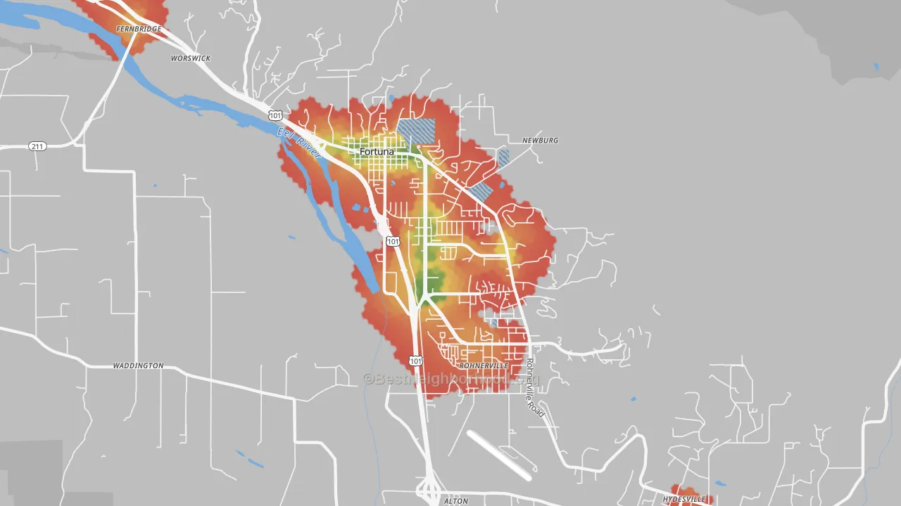 Walk Grade map of Fortuna, CA, walkable areas in green and car-dependent areas in red