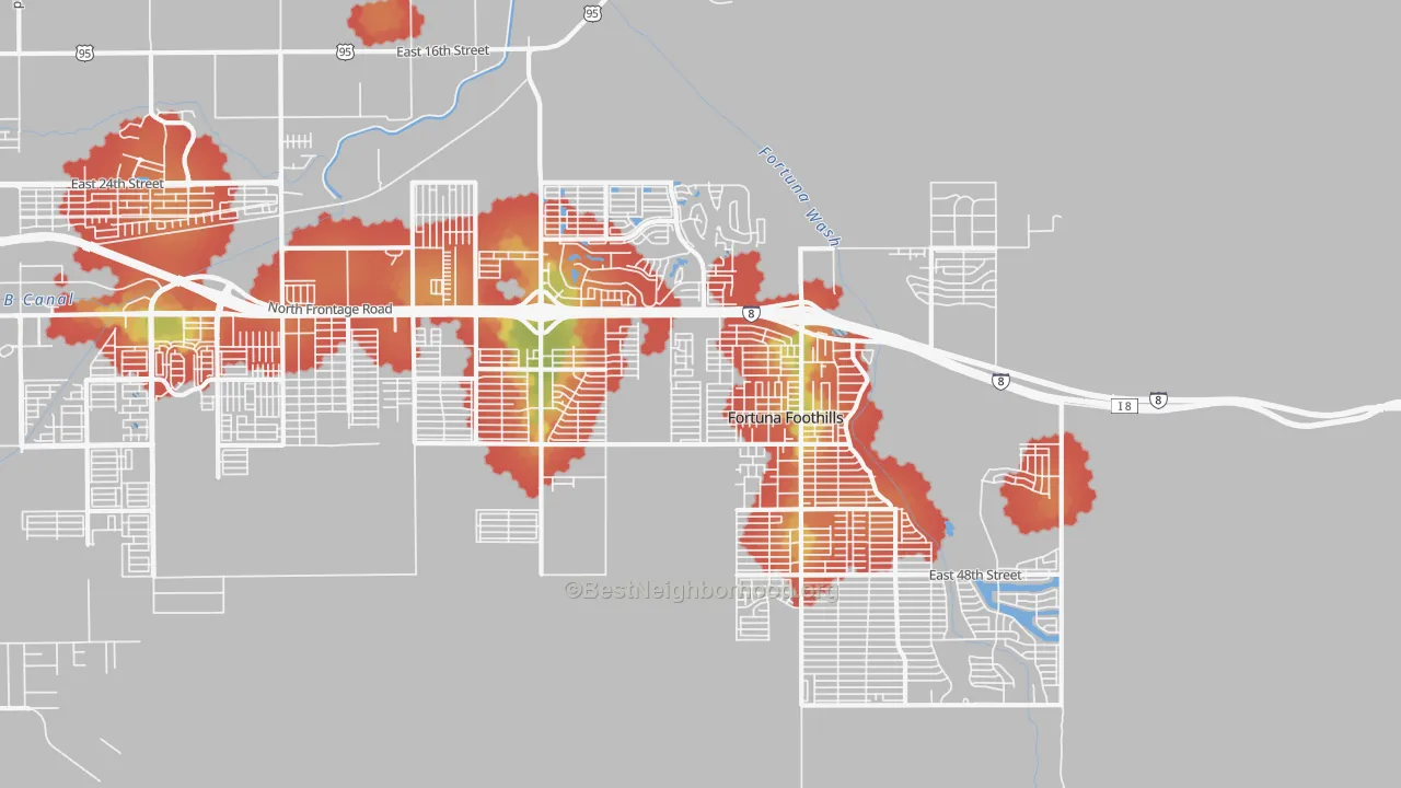 Walk Grade map of Fortuna Foothills, AZ, walkable areas in green and car-dependent areas in red