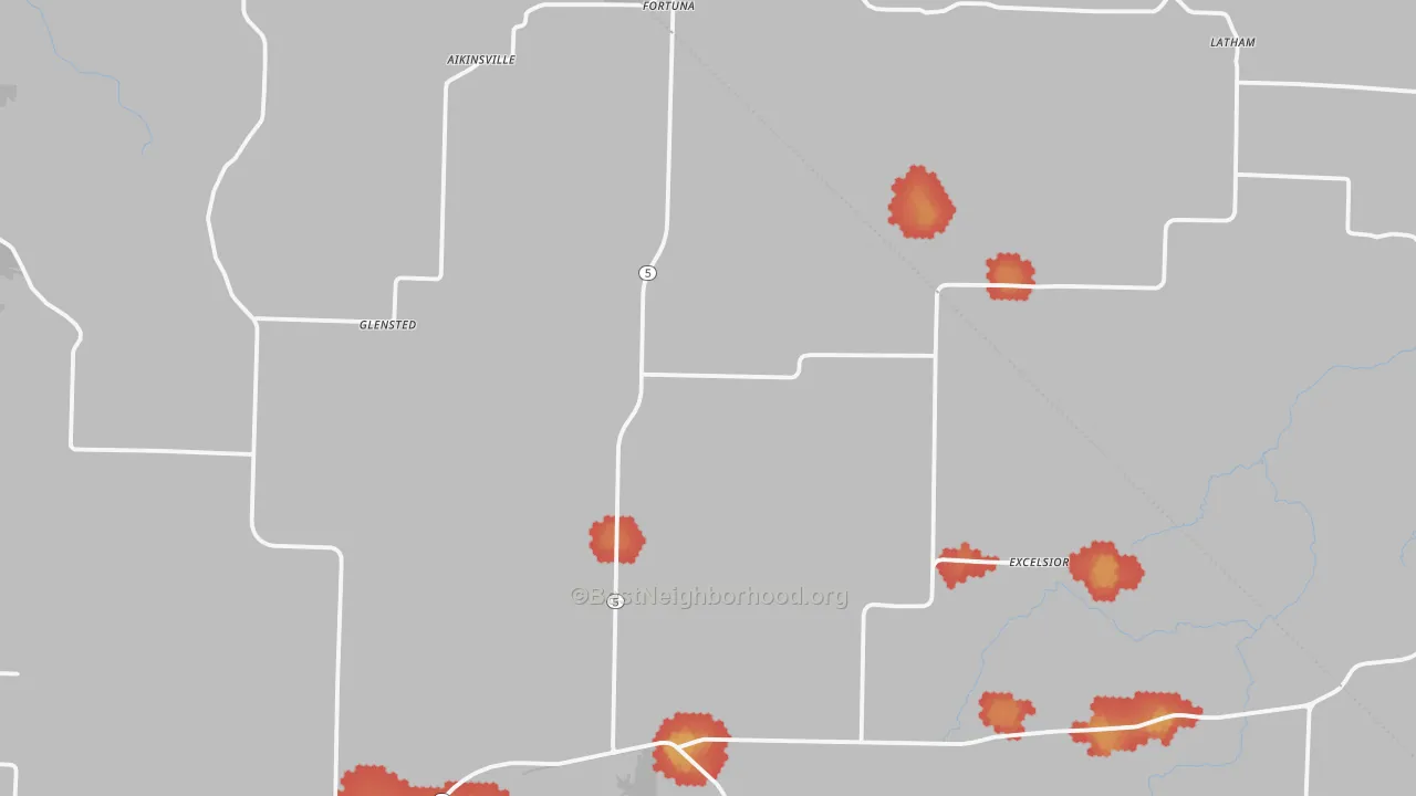 Walk Grade map of Fortuna, MO, walkable areas in green and car-dependent areas in red
