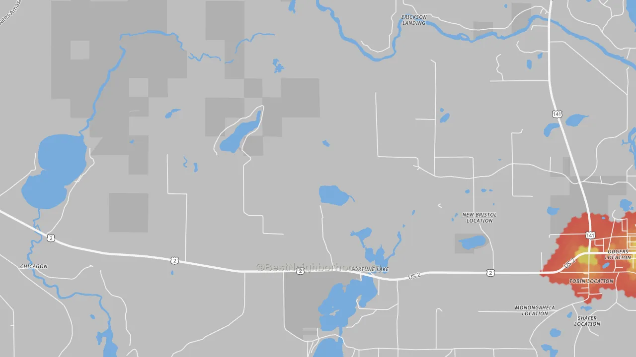 Walk Grade map of Fortune Lake, MI, walkable areas in green and car-dependent areas in red