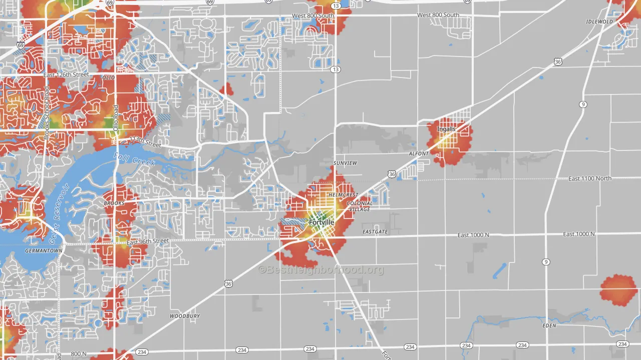 Walk Grade map of Fortville, IN, walkable areas in green and car-dependent areas in red