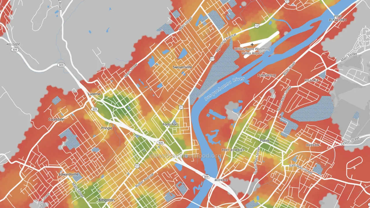 Walk Grade map of Forty Fort, PA, walkable areas in green and car-dependent areas in red