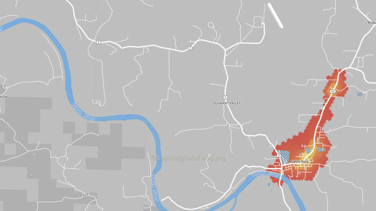 Walk Grade map of Forty Four, AR, walkable areas in green and car-dependent areas in red