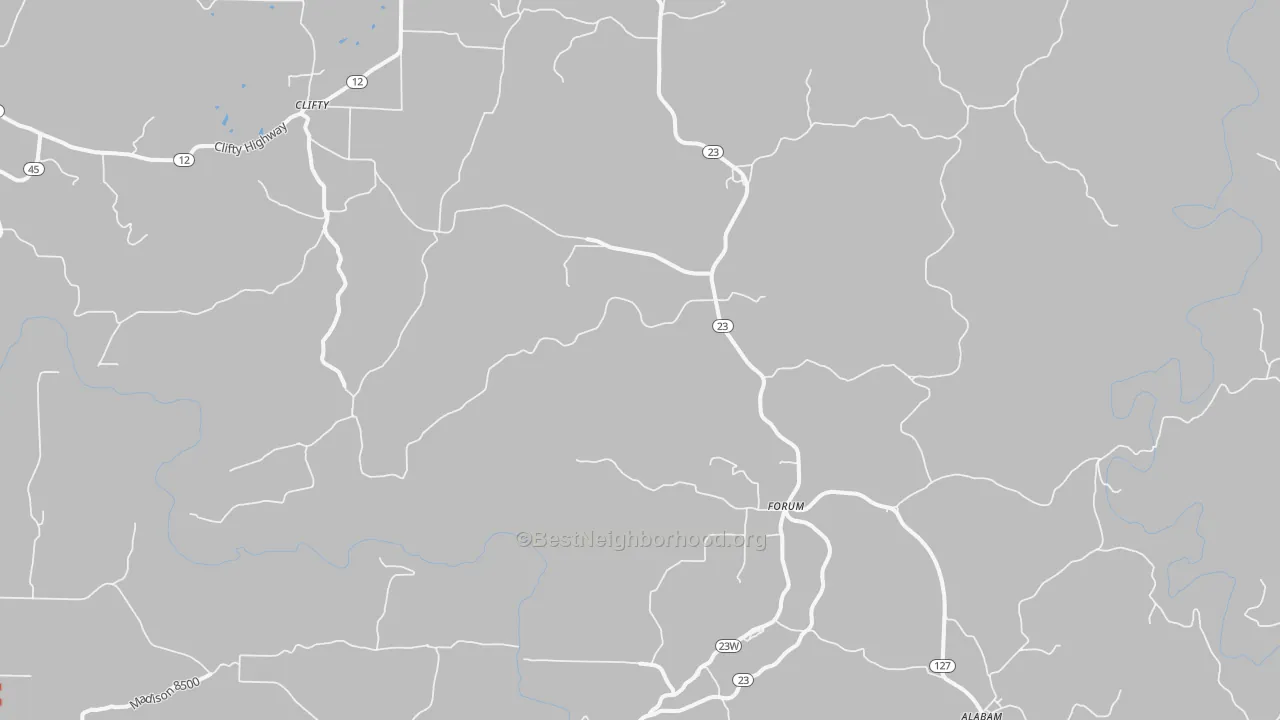 Walk Grade map of Forum, AR, walkable areas in green and car-dependent areas in red