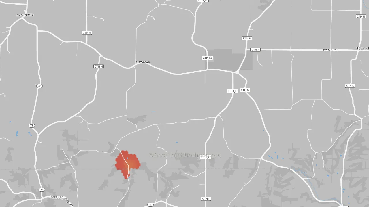 Walk Grade map of Forward, WI, walkable areas in green and car-dependent areas in red