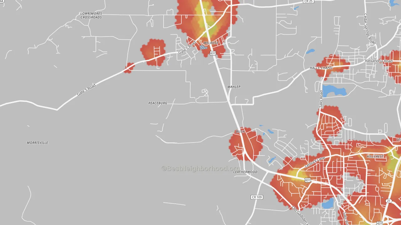 Walk Grade map of Fosheeton, AL, walkable areas in green and car-dependent areas in red
