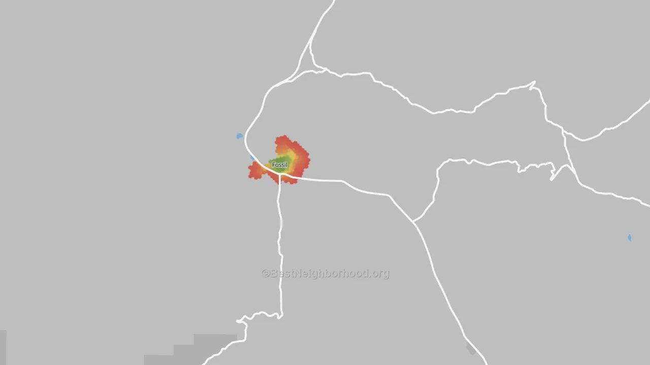 Walk Grade map of Fossil, OR, walkable areas in green and car-dependent areas in red