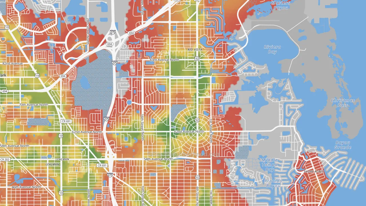 Walk Grade map of Fossil Park, St. Petersburg, FL, walkable areas in green and car-dependent areas in red