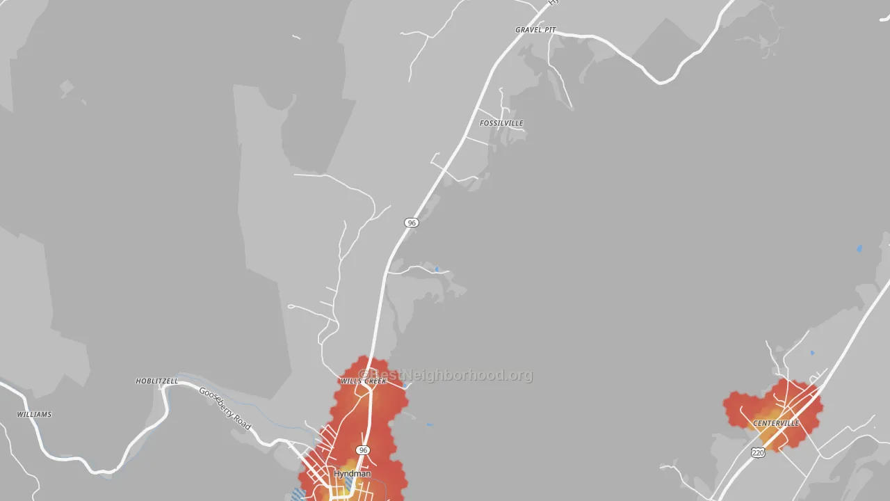 Walk Grade map of Fossilville, PA, walkable areas in green and car-dependent areas in red
