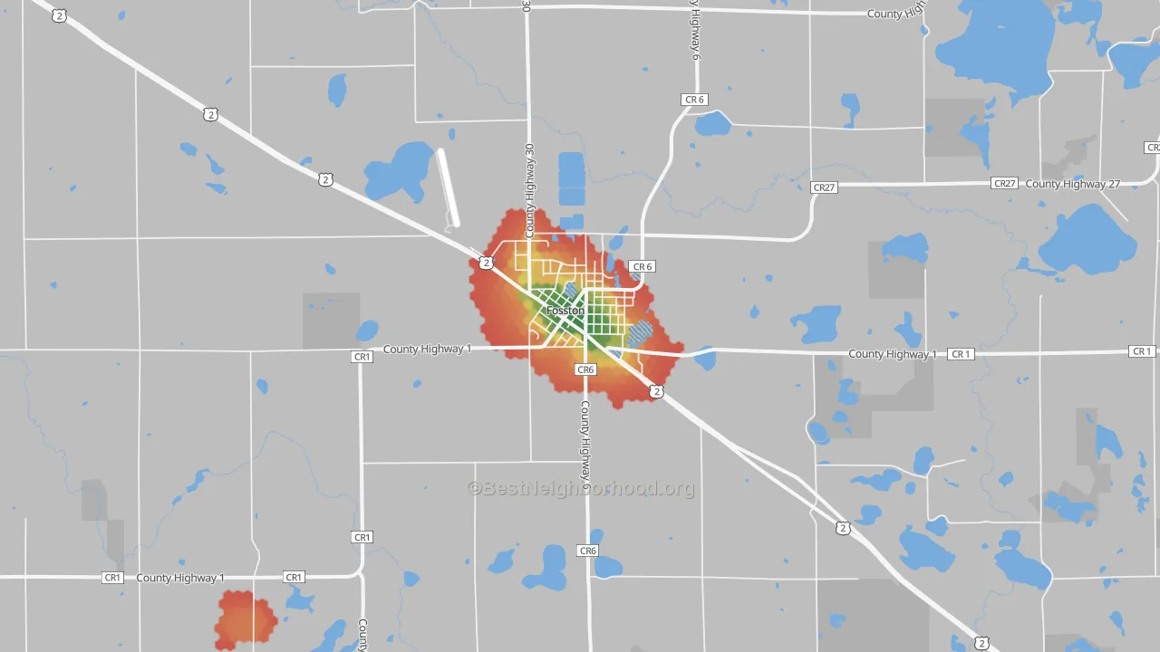 Walk Grade map of Fosston, MN, walkable areas in green and car-dependent areas in red