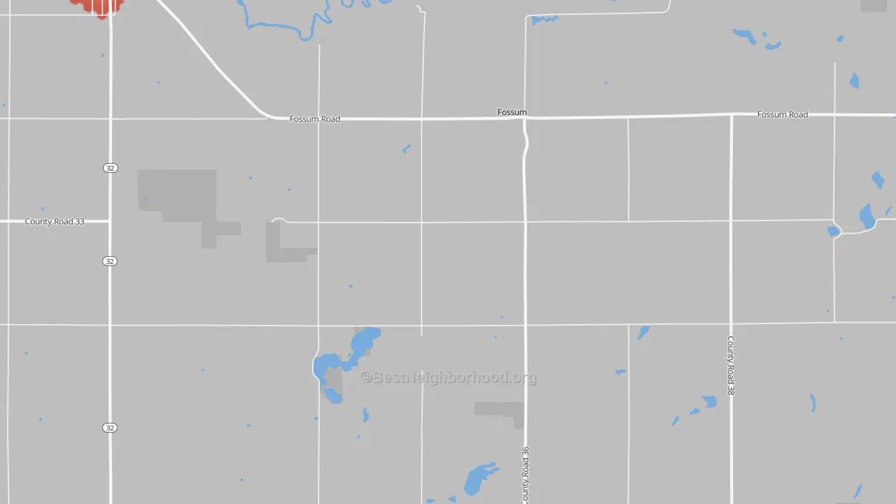 Walk Grade map of Fossum, MN, walkable areas in green and car-dependent areas in red