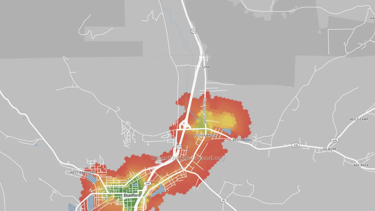Walk Grade map of Foster Brook, PA, walkable areas in green and car-dependent areas in red