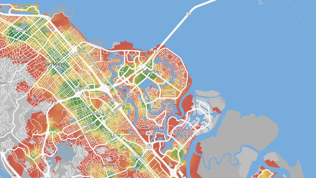 Walk Grade map of Foster City, CA, walkable areas in green and car-dependent areas in red
