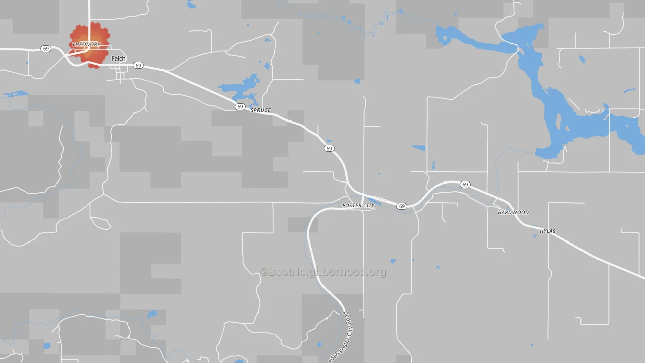 Walk Grade map of Foster City, MI, walkable areas in green and car-dependent areas in red