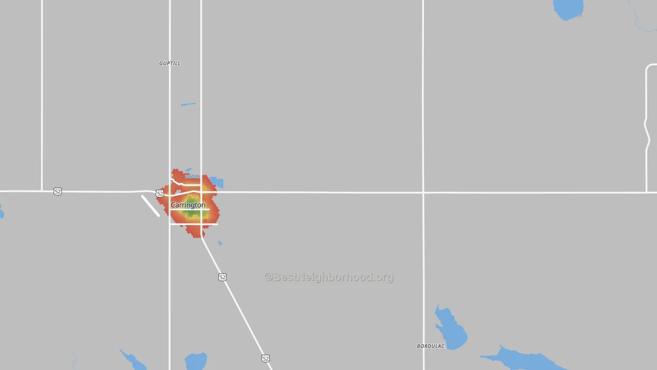 Walk Grade map of Foster County, ND, walkable areas in green and car-dependent areas in red