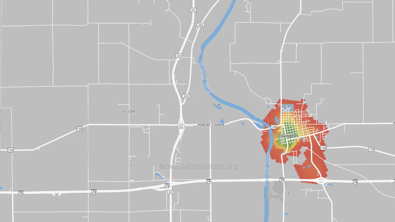 Walk Grade map of Foster, IN, walkable areas in green and car-dependent areas in red