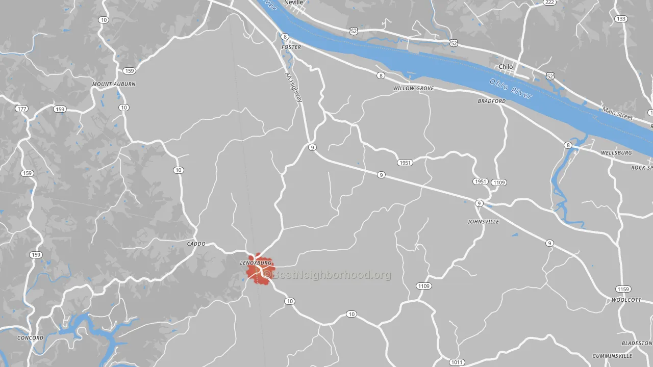 Walk Grade map of Foster, KY, walkable areas in green and car-dependent areas in red