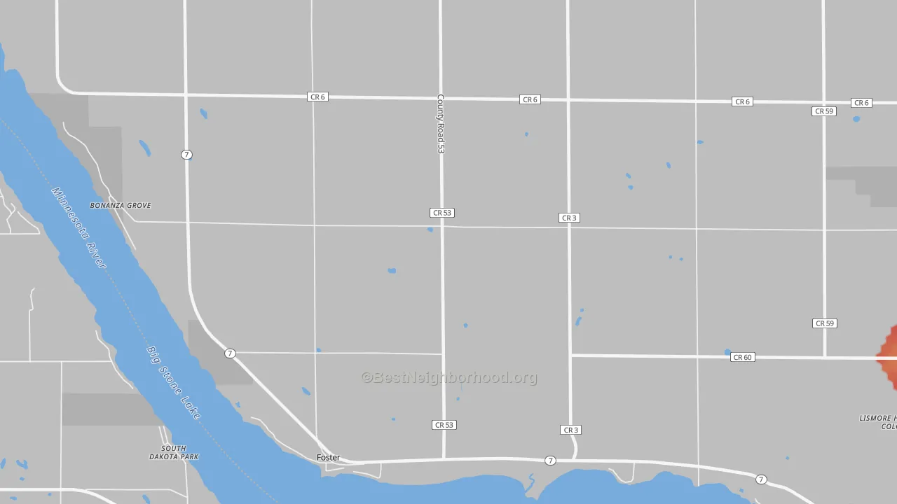 Walk Grade map of Foster, MN, walkable areas in green and car-dependent areas in red