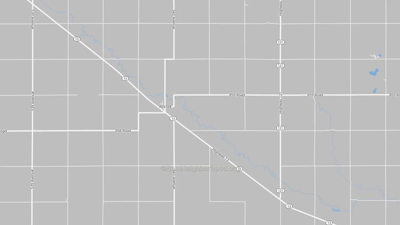 Walk Grade map of Foster, NE, walkable areas in green and car-dependent areas in red