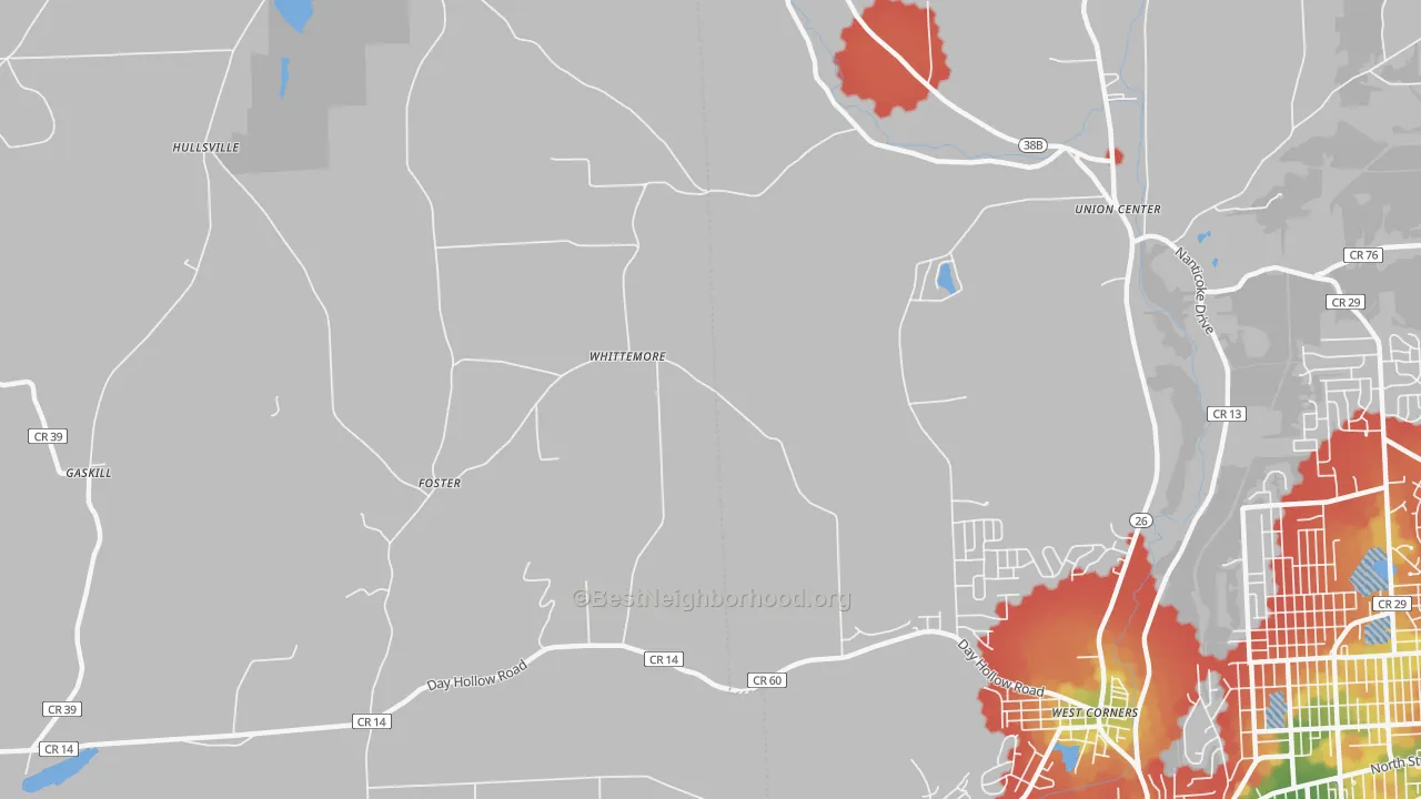 Walk Grade map of Foster, NY, walkable areas in green and car-dependent areas in red