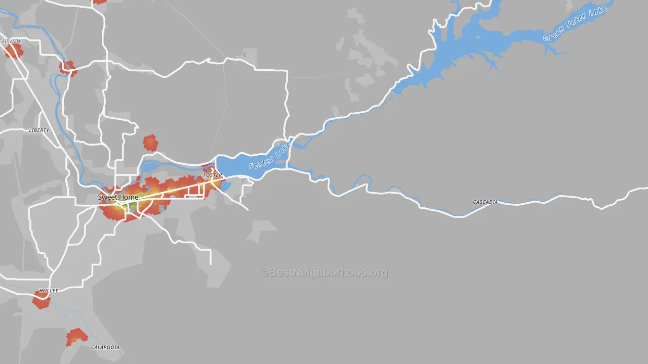 Walk Grade map of Foster, OR, walkable areas in green and car-dependent areas in red