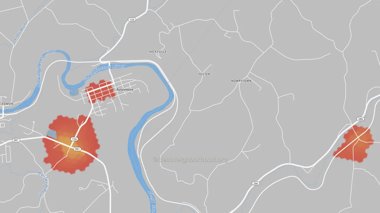 Walk Grade map of Foster, PA, walkable areas in green and car-dependent areas in red