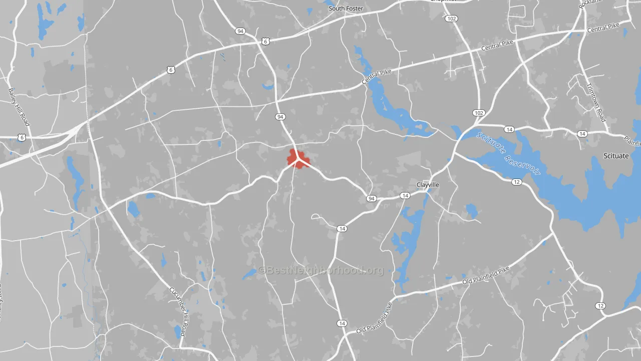 Walk Grade map of Foster, RI, walkable areas in green and car-dependent areas in red