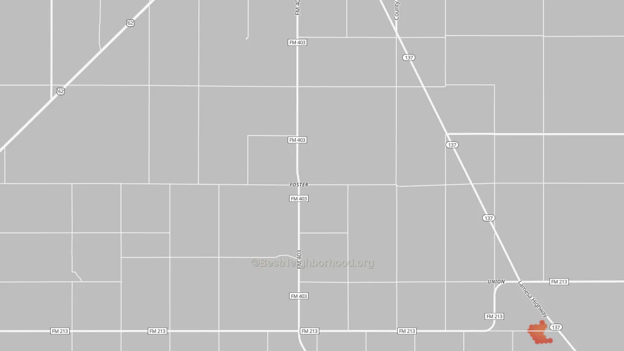 Walk Grade map of Foster, TX, walkable areas in green and car-dependent areas in red