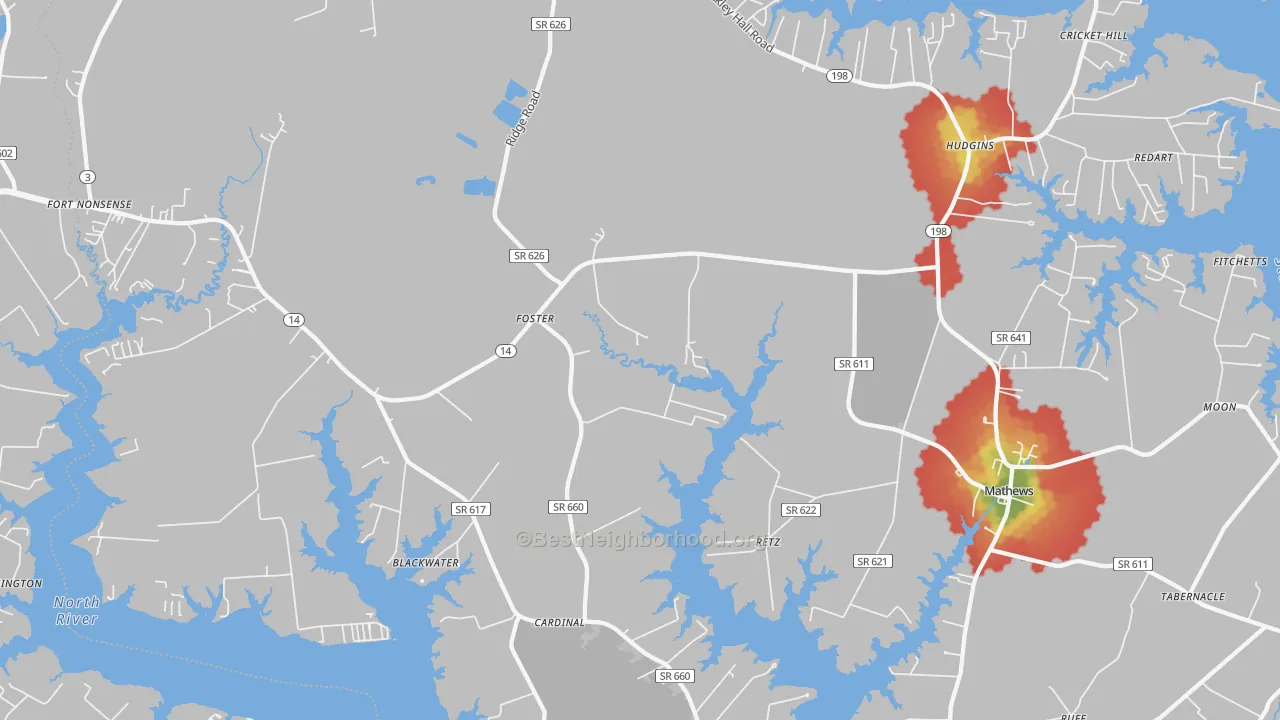 Walk Grade map of Foster, VA, walkable areas in green and car-dependent areas in red