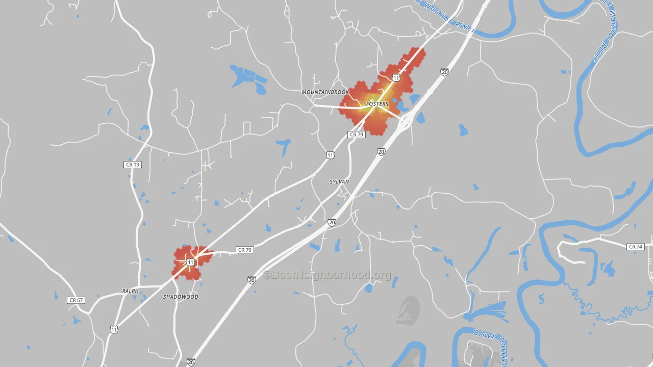 Walk Grade map of Fosters, AL, walkable areas in green and car-dependent areas in red