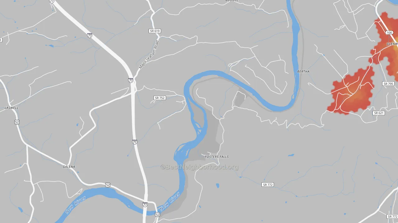Walk Grade map of Fosters Falls, VA, walkable areas in green and car-dependent areas in red