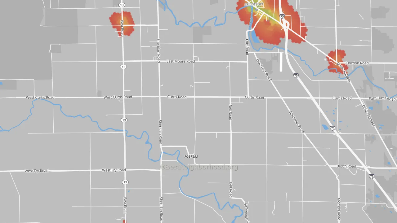 Walk Grade map of Fosters, MI, walkable areas in green and car-dependent areas in red