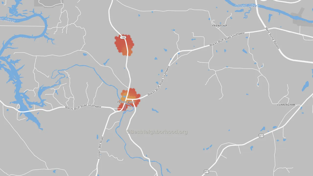 Walk Grade map of Fosters Mills, GA, walkable areas in green and car-dependent areas in red