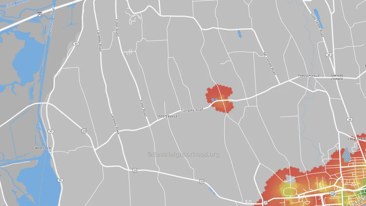 Walk Grade map of Fosterville, NY, walkable areas in green and car-dependent areas in red