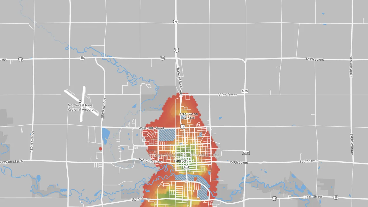 Walk Grade map of Fostoria, IA, walkable areas in green and car-dependent areas in red