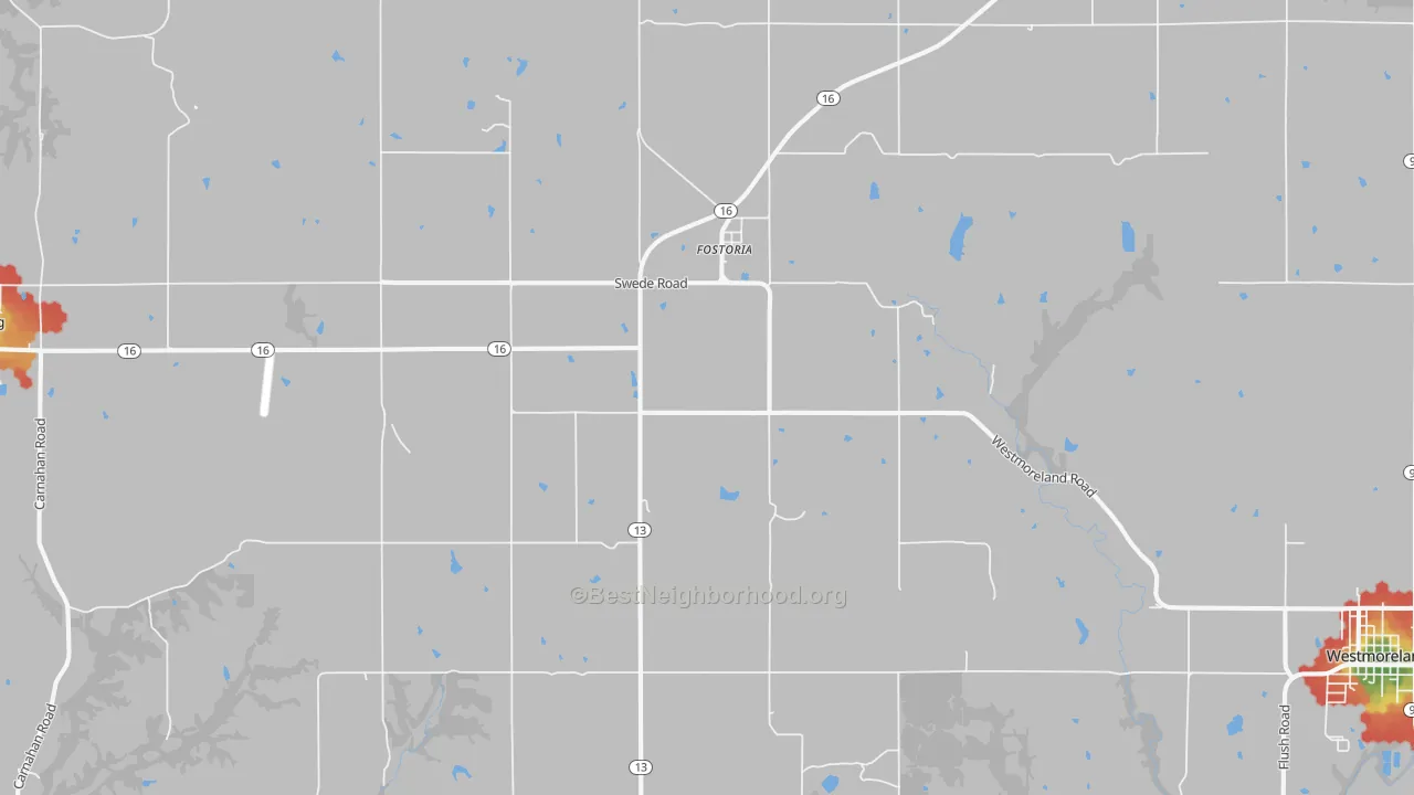 Walk Grade map of Fostoria, KS, walkable areas in green and car-dependent areas in red