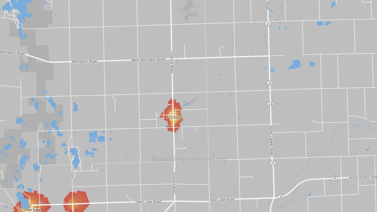 Walk Grade map of Fostoria, MI, walkable areas in green and car-dependent areas in red