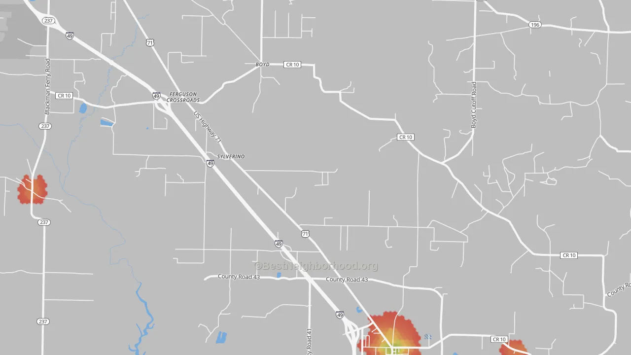 Walk Grade map of Fouke, AR, walkable areas in green and car-dependent areas in red