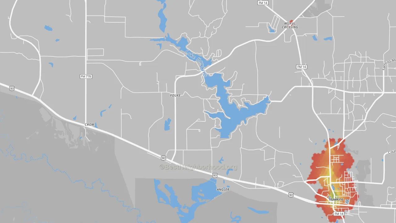 Walk Grade map of Fouke, TX, walkable areas in green and car-dependent areas in red