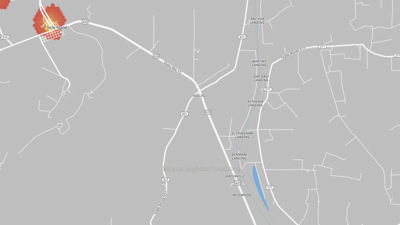 Walk Grade map of Foules, LA, walkable areas in green and car-dependent areas in red