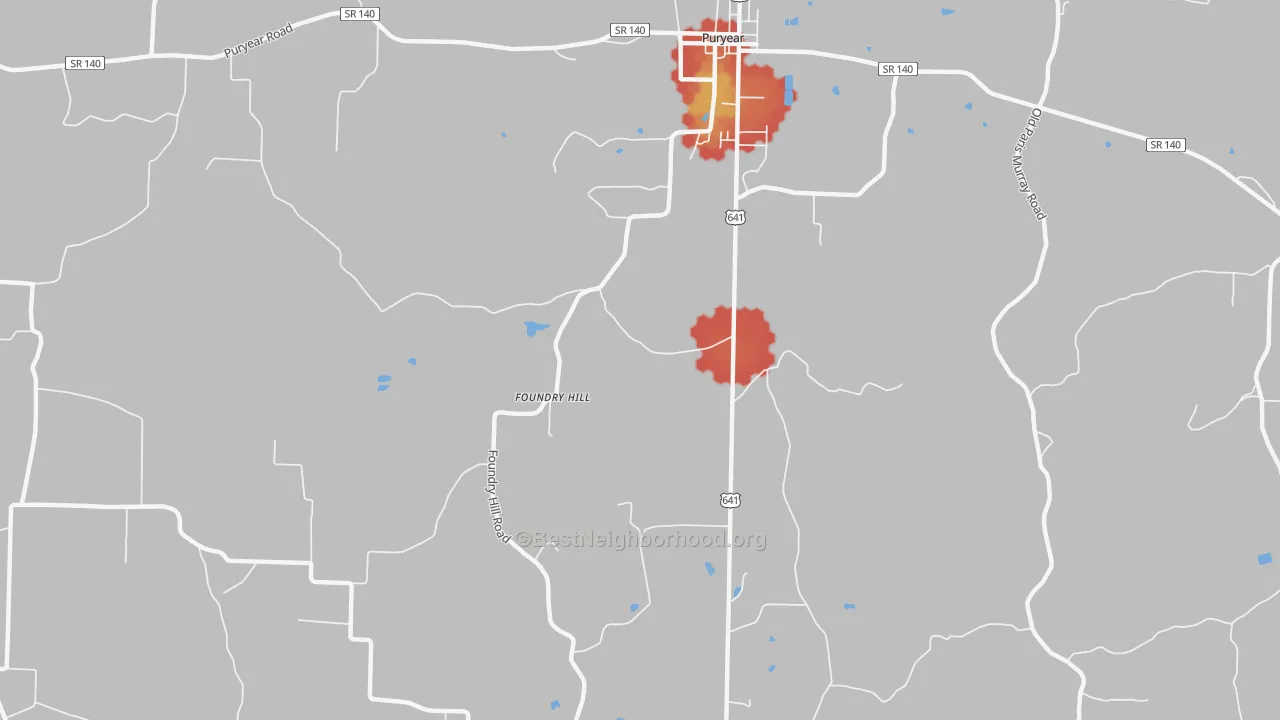 Walk Grade map of Foundry Hill, TN, walkable areas in green and car-dependent areas in red