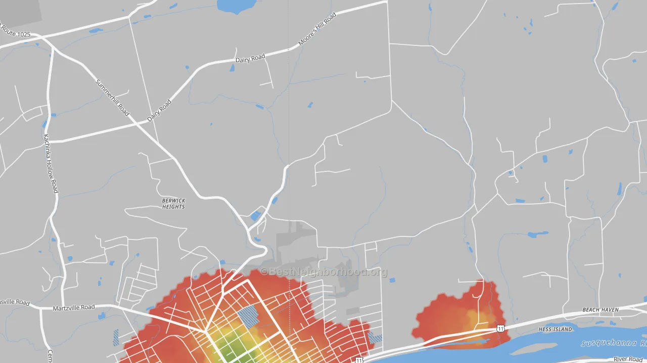 Walk Grade map of Foundryville, PA, walkable areas in green and car-dependent areas in red