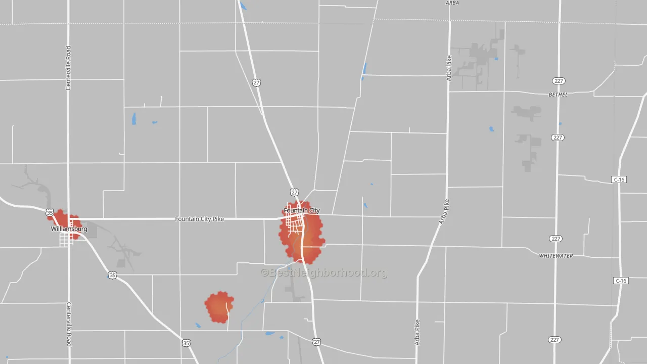Walk Grade map of Fountain City, IN, walkable areas in green and car-dependent areas in red