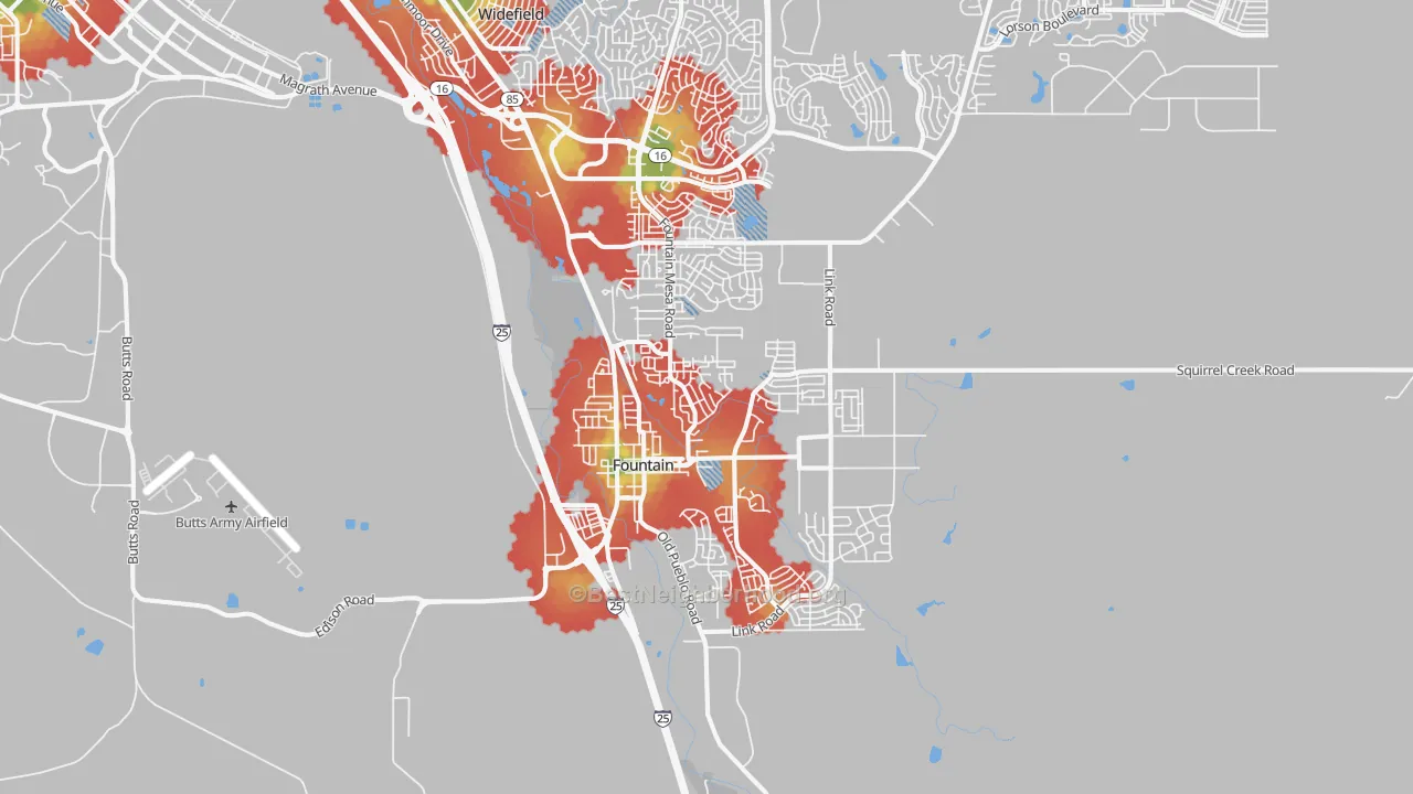 Walk Grade map of Fountain, CO, walkable areas in green and car-dependent areas in red