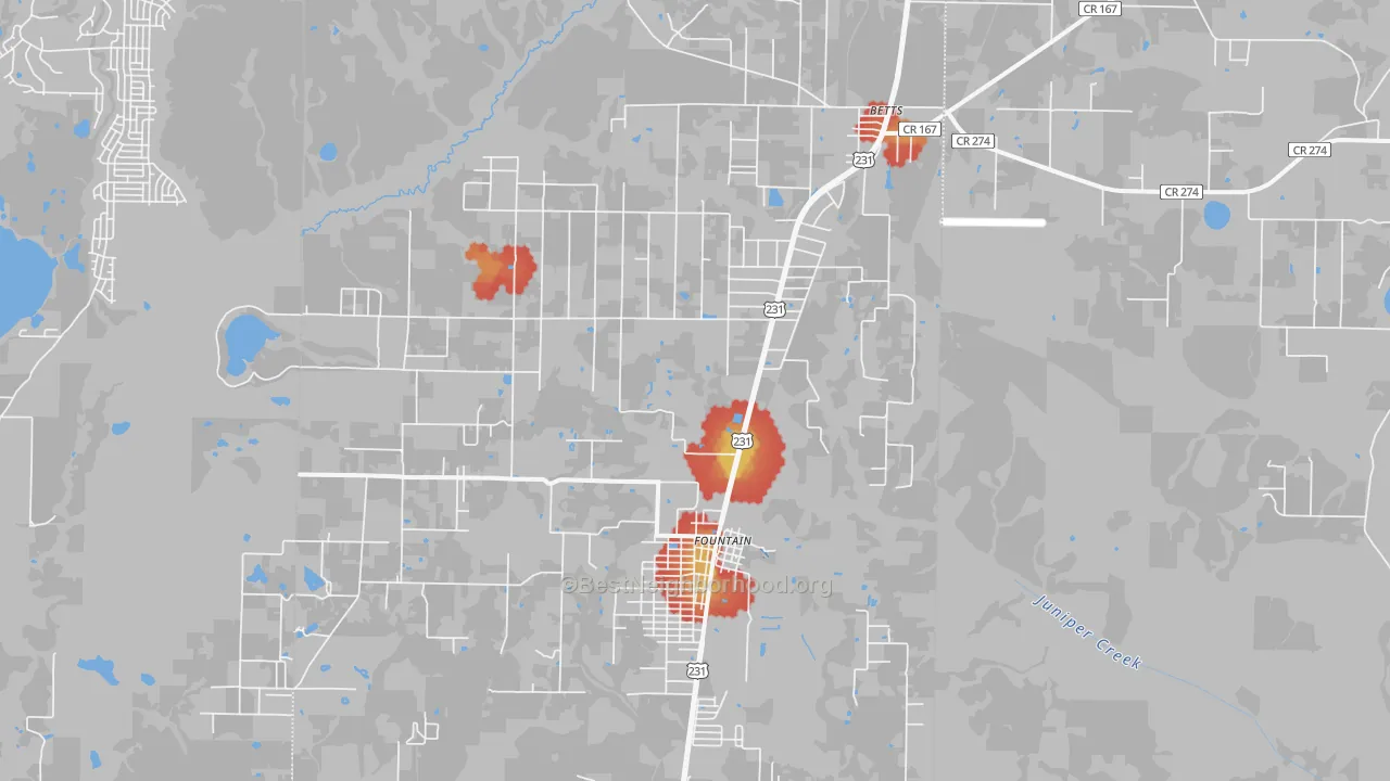 Walk Grade map of Fountain, FL, walkable areas in green and car-dependent areas in red