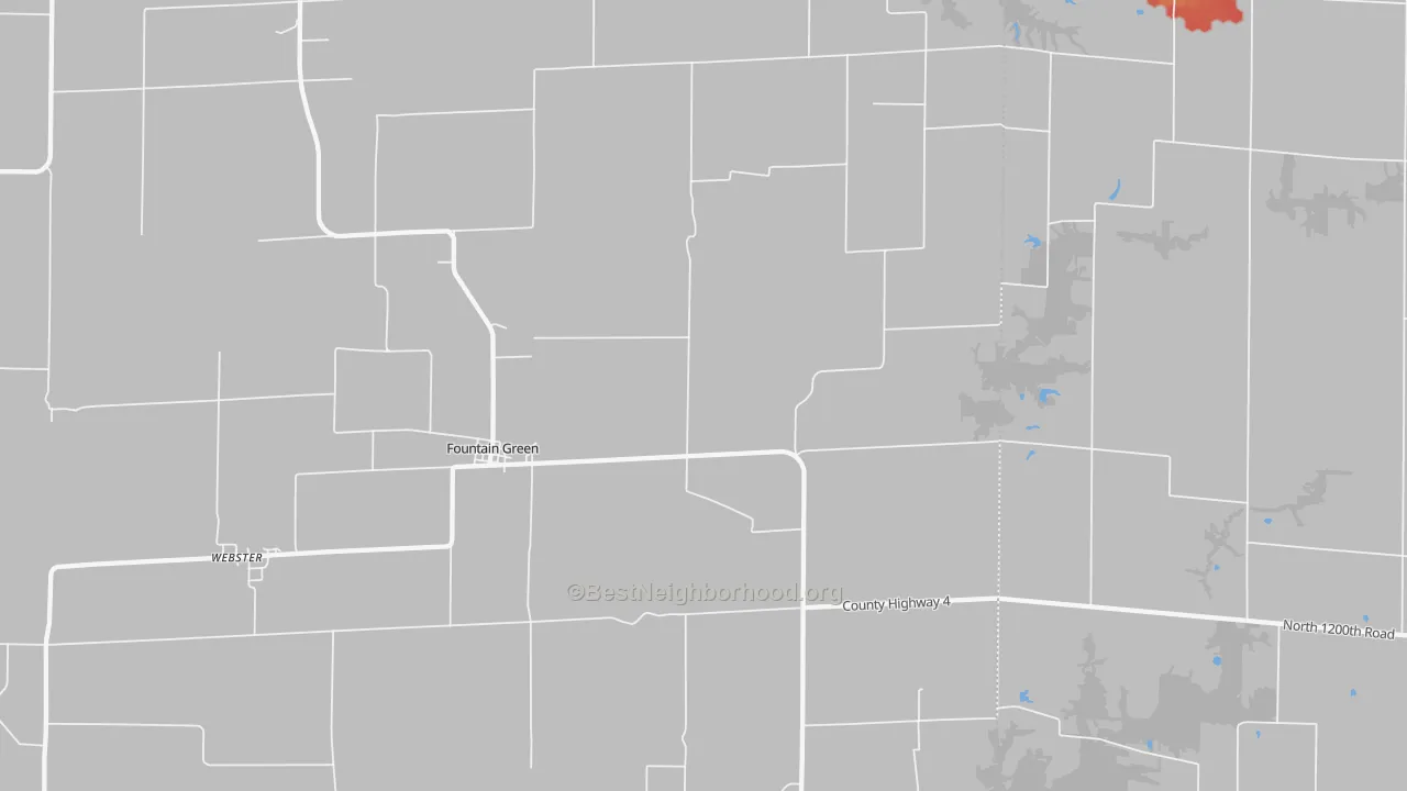 Walk Grade map of Fountain Green, IL, walkable areas in green and car-dependent areas in red