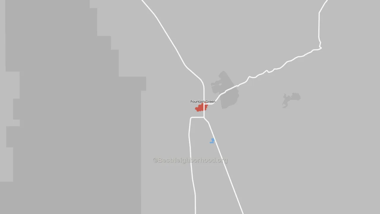 Walk Grade map of Fountain Green, UT, walkable areas in green and car-dependent areas in red