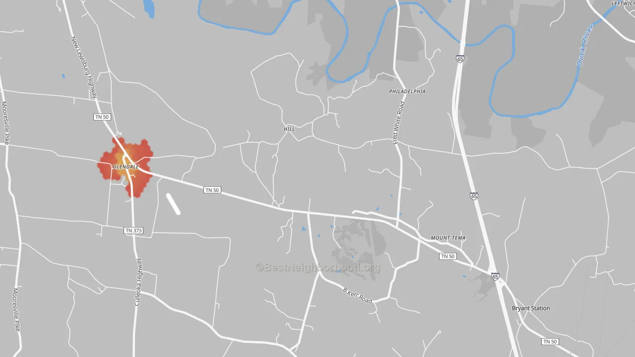 Walk Grade map of Fountain Heights, TN, walkable areas in green and car-dependent areas in red